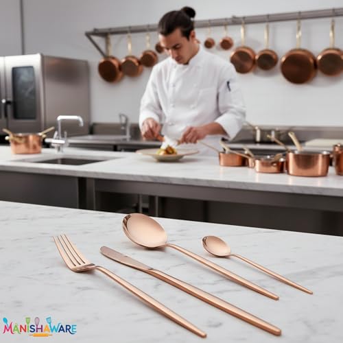 Image of Slim Handle Rose Gold 24 Pcs Stainless Steel Cutlery Set for Dining Table, Dishwasher Safe Glossy Flatware (6 Spoon Set + 6 Forks Set + 6 Butter Knife + 6 Dessert Spoon)
