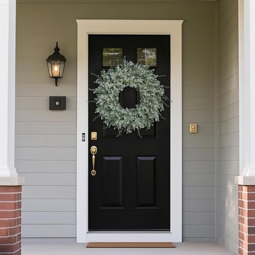 Image of 26 inch Large Artificial Eucalyptus Wreath for Front Door Decor (White-Green) | Eucalyptus Lavender Wreath with Baby's Breath Flowers, for Front Porch Home Farmhouse Outdoor Spring Summer All Season Decor