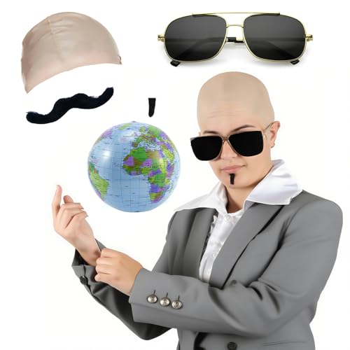 TUBAWD 5Pcs Set Bald Cap Pitbull and Sunglasses Set - Nude Latex Bald Cap Black Sunglasses Inflatable Globe Two Soul Patch - Music Icon Famous Celebrity Fancy Costume Accessory