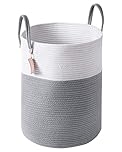 YOUDENOVA Cotton Rope Basket Large Blanket Basket Woven Storage Basket Toy Storage Organiser Nursery Decor Laundry Hamper with Handle 58L (38cm(D) x50cm(H), White & Grey)