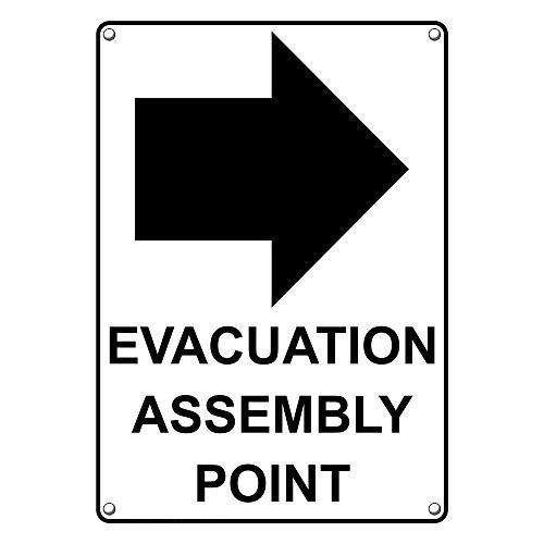 Weatherproof Plastic Vertical Evacuation Assembly Point [Right Arrow] Sign with English Text and Symbol