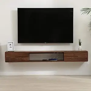 Streem Solid Sheesham Wood Entertainment Floating Tv Unit For Living Room|Floating Media Tv Cabinet|Open Shelf & 2 Door Drawer Storage (120 Cm Length), Brown