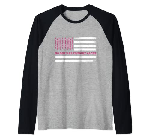 Cinta rosa para concienciación sobre el cáncer de mama con texto en inglés "No One Fight Alone" Camiseta Manga Raglan