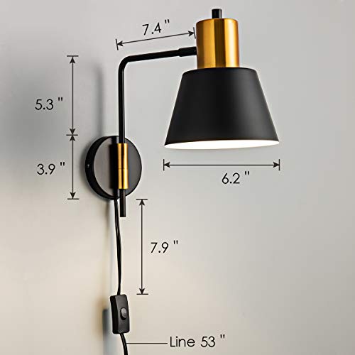 Image of Modern Swing Arm Wall Sconce Plug in Set of 2, Rotatable Black Wall Lights with On /Off Cord for Bedroom, Living Room