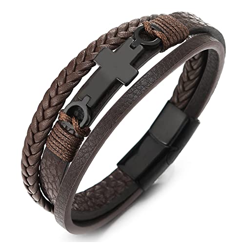 COOLSTEELANDBEYOND Mens Women Steel Horizontal Sideway Lateral Flat Cross Multi-Strand Leather Bangle Bracelet