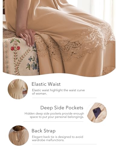 Image of Olaesa Boho Maxi Dress V Neck Short Sleeve Lace Smocked Waist Flowy Dress | Wedding Guest Dress with Pockets, Summer Bohemian Vacation Dress, Elegant Party Dress for Family photo& Baby Shower