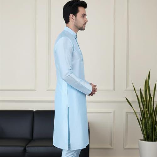 Image of Sadree Men's Silk Blend, Knee Length, Full Sleeve, Mandrin Collor, Solid Style, Attractive Colour, Solid Plain Kurtas