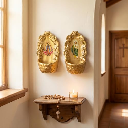2 Pack Home Holy Water Fonts for Wall Catholic Gold Porcelain Holy Water Holder Container First Communion Decor Our Lady of Guadalupe St. Jude Hanging Decor Gift for Confirmation Church Entrance