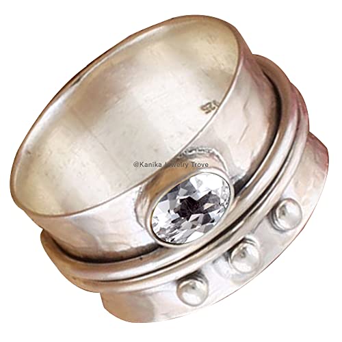 Oval Crystal Quartz Solid 925 Sterling Silver Handmade Ring Bands For Women, April Birthmonth Gemstone Spinner, Valentines Day Gift Jewelry (Crystal-Quartz, Size 9) #TOP17