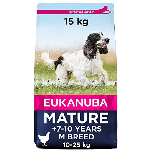 Eukanuba Hundefutter mit frischem Huhn für mittelgroße Rassen, Premium Trockenfutter für reife Hunde, 15 kg