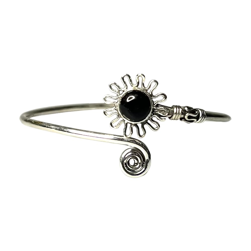 VIE Silver Plated Adjustable Daisy Spiral Cuff Bangle, Black Agate