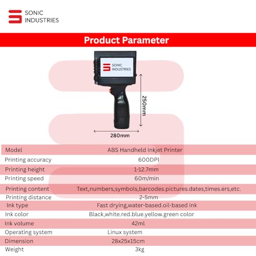 Image of SONIC INDUSTRIES Handheld Inkjet Printer, Portable Batch Coding Machine for MRP, Expiry Date, Batch No, Barcode & QR Code Printing, TIJ Printer for Plastic, Carton, Metal, Glass