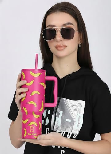 Image of House of Quirk 1200ML Stainless Steel Tumbler with Handle & Lid, 2 Straws - Large Travel Mug Water Cup for Gym, Office & Outdoor Use (Banana Pink)
