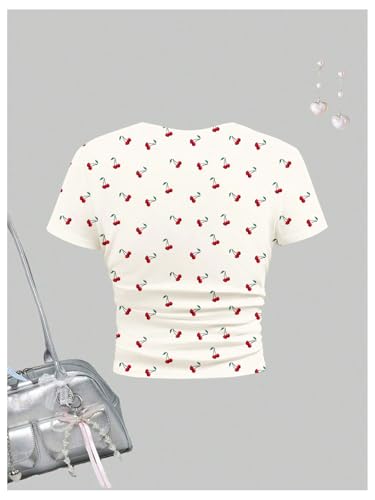 SweatyRocks Girl's Cherry Print Ruched T Shirt Short Sleeve Cute Tee Crop Tops2