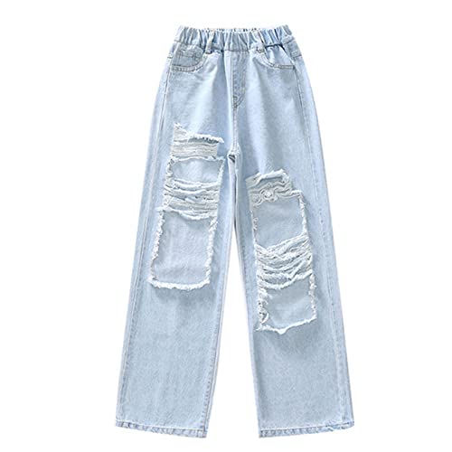 CHICTRY Girls' Ripped Jeans Elastic Waist Hole Baggy Denim Pants High Waist Straight Leg Denim Trousers Bottoms Age 3-13 Years & Blue type1 13-15 Years