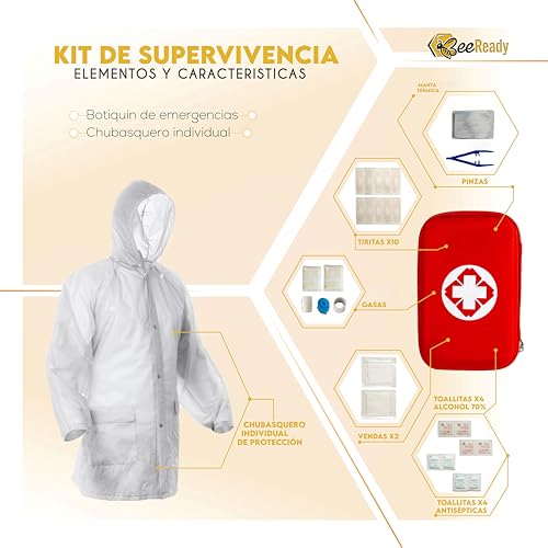 Bee Ready Kit Supervivencia Emergencia Completo – Mochila militar 45L, Linterna LED táctica, Botiquín de primeros auxilios, Cuchillo multiherramienta, Manta térmica– 25 piezas, 3 colores (Marrón) - imagen 6