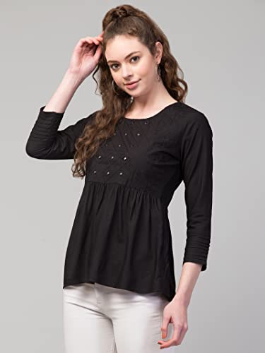 Image of FIMS - Fashion is my style Women Cotton Pleated & Gathered Embroidery Stone Full Sleeves Top Regular Fit Round Neck Tops for Girls