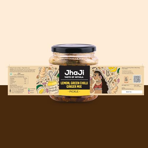 Jhaji Store's Lemon, Ginger & Green Chilli Pickle | Nimbu Mirchi Ka Achar | Tangy, Spicy & Sour | Homemade Lemon Pickle with Ginger & Green Chilli | Sun-Dried | No Preservatives | 500g Plastic Jar