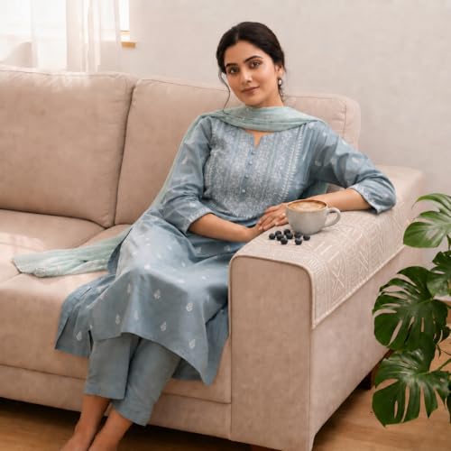 Image of STITCHNEST 'Verdant Bohemian Stories' Sofa Armrest Cover | Elegant Jacquard Fabric, Washable & Durable for Modern Living (18 x 22 Inches)