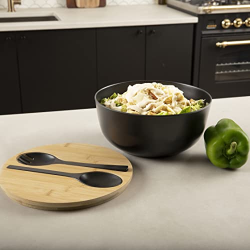 Bamboo Fiber Salad Bowl With Servers Set, 9.8 Inches Large Solid Wooden Mixing Salad Bowls With Lid, Fiber Spoon And Fork For Serving For Pasta, Fruits, Vegetables(Black) #TOP4