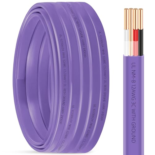 NM-B 12/3 Wire with Ground 50FT 12 Gauge 3 Conductor Electrical Wire 12/3 NM-B 12AWG Solid Copper Indoor Wiring Nonmetallic Sheathed Residential Cable for Branch Circuit Switches Outlets Lighting