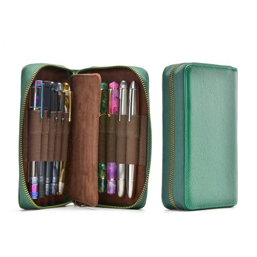 Image of Fountain Pen Leather Pen Case 10 Divided Slots, Rollerball Pen Holder Handmade Display Organizer Zippered Pouch
