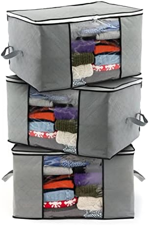 Large Clothes Storage Bags  Sturdy Fabric Closet Organiser  Foldable Storage Solution for Closet or Underbed  Storage Bin with Reinforced Handles- 3pcs 90L Capacity  by Stackzy