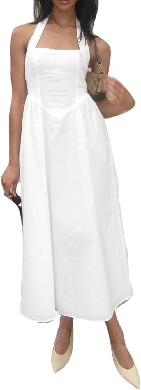 Women's Prom Dresses 2025 Halter Tea Length Formal Dress Backless Evening Gowns with Pockets