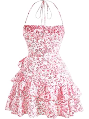 Image of Narecte Summer Dresses for Women,Tie Halter Mini Dress,Floral Print Short Dress,Ruffle Trim Casual Dresses