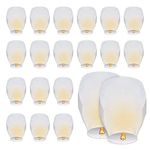 20Pcs Upgraded White Chinese Sky Lanterns Paper Lanterns to Release in Sky, 100% Biodegradable Eco-Friendly, Handmade Flying Wish Paper Lanterns for Celebrations Weddings Birthday Memorial