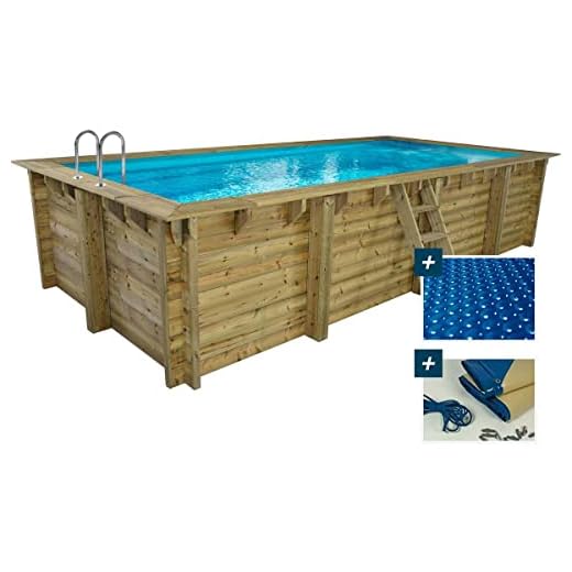 Piscina Rectangular De Madera Tobago - 6,20 X 3,00 X 1,31 M + Cubierta De Burbujas De 180 Μ - Cubierta De Invierno De 280 G/M²