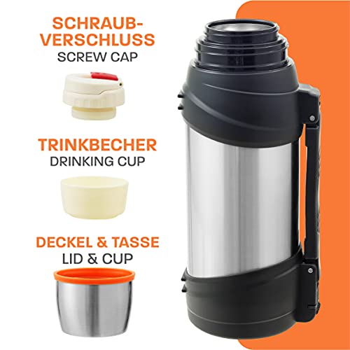 Foto von Thermosflasche 1,5l mit Becher für Unterwegs - Auslaufsicher - Robuster Griff & Tragegurt - Für Kaffee & Tee