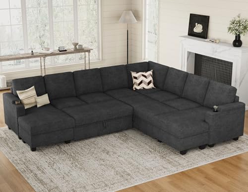 Belffin Oversized Sleeper Sofa U Shaped Modular Sectional Couch with Double Storage Chaise Convertible Sofa Bed. Dark Grey Couch