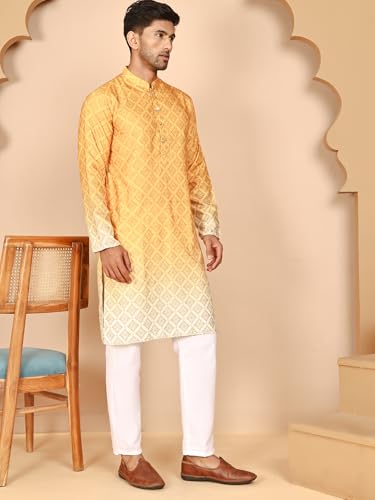 Image of Jompers Thread Work & Lequin Embellilhed Printed Kurta Let for Men (Mustard, L)