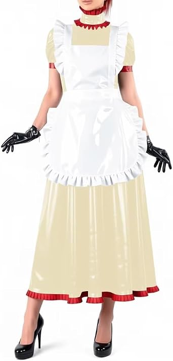 Lockable Maid A-line Dress Ruffles High Neck PVC Shiny Leather Outfits Maxi Maid Uniform