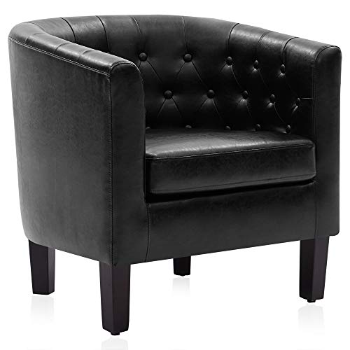 BELLEZE Black Accent Chairs for Living Room, Elegant Arm Chair Upholstered Tufted Barrel Chair Club Chair for Bedroom with Sturdy Legs and Faux Leather - Berlinda (Black)