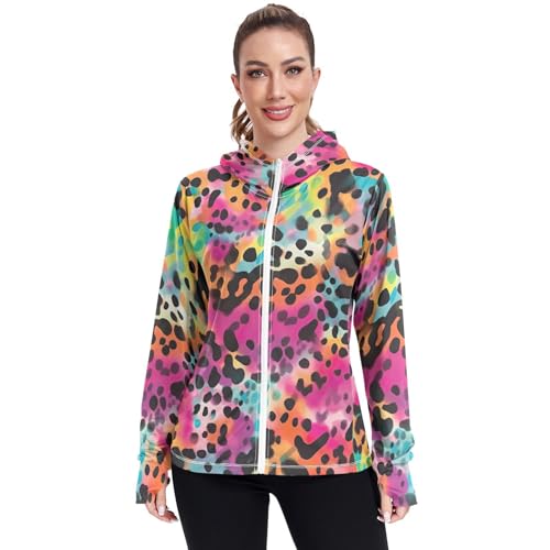 UMIRIKO Colorful Leopard Print Pattern Women's UPF 50+ Sun Protection Jacket Hoodie Rash Guard Shirt with Pockets M 202a3505