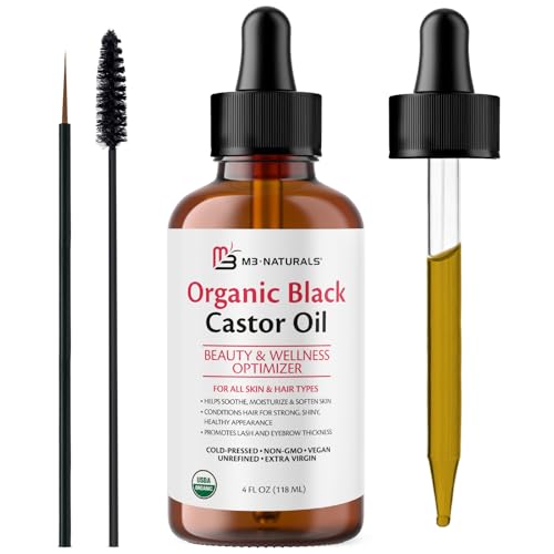 Image of 100% Organic Cold-Pressed Black Castor Oil for Hair Growth, Promotes Thicker Lashes and Eyebrows | Hexane-Free & Unrefined in a 4 fl oz Glass Bottle with Dropper | Eyebrow and Eyeliner Brush Included
