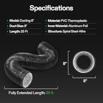 VIVOSUN Dryer Vent Hose, 8 inch Aluminum Foil Ducting, 25FT Long Heavy-Duty Dryer Hose Vent Kit for HVAC Ventilation, Exhaust, Duct Fan Systems, Black Flexible Air Duct w/ 2 Clamps