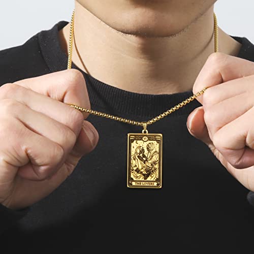 Teamer Skeleton Tarot Necklace Stainless Steel Amulet Marigold Tarot Card Major Arcana Necklaces For Women Men (Gold-The Lovers) #TOP1