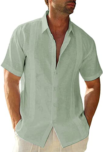 Image of JEKAOYI Mens Casual Linen Cotton Button Down Short Sleeve Shirts Cuban Camp Guayabera Beach Tops