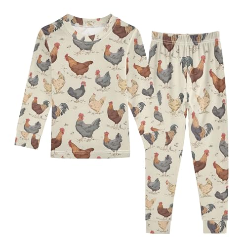 ALAZA Lovely Chicken Rooster Cartoon Pajamas Long Sleeve Sleepwear 2-Piece Pajama Set