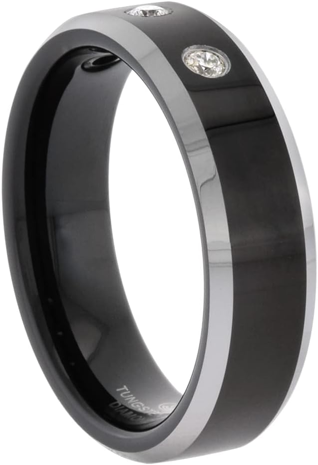 6mm Black Tungsten 3 Stone Diamond Wedding Ring Two-tone Beveled Edges Comfort fit sizes 4-9.5