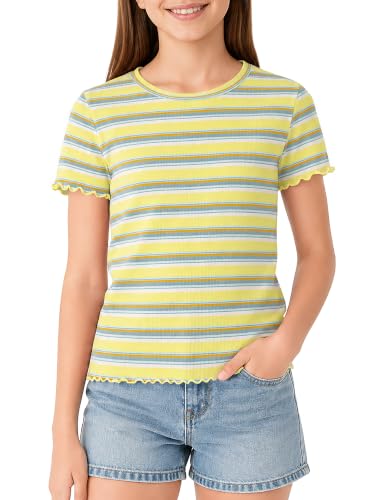 Image of Girls Striped T-Shirt Lettuce Trim Short Sleeve Top Size 6-16 | Soft stretch ribbed knit fabric, breathable blouse,summer outfit for big girls & teen, for school, party and daily activity
