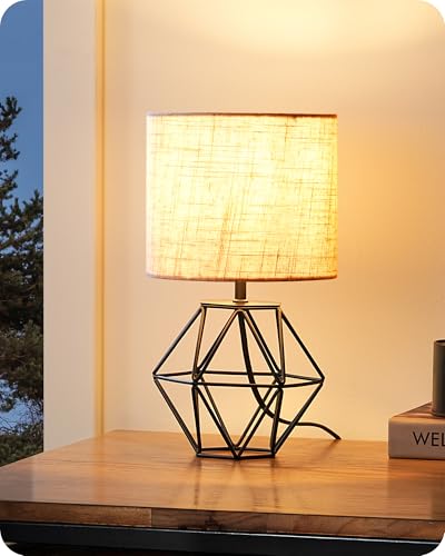 EDISHINE Lampe de Chevet avec Abat-jour en Lin Beige et Base Noir Métallique en Forme de Diamant, E14 Ampoule LED Incluse de 2700K Blanc Chaud, Lampe de Table...