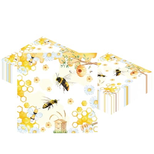 Ovanda Bienen Deko, 20 Stück 33x33cm Bienen Servietten, Bee Happy Geburtstags Tischdeko, Bienen Deko Geburtstag Servietten, Babyparty Geburtstag Tischdekoration, Frühling Tischdeko Serviettens
