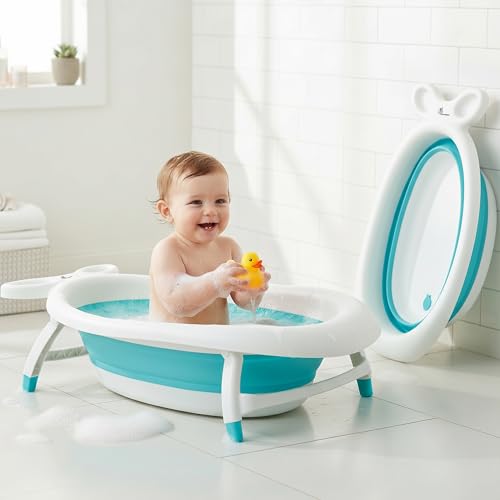 Image of R for Rabbit Bubble Double Finzy Baby Bath Tub Foldable for Kids 9 Months-3 Years | Womb Cocoon Bathtub Design | Anti-Skid Base | Quick Drain Plug | Space Saving Pool Bather with Tray (White Blue)