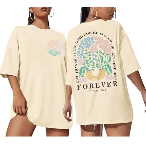 Lytiarul Christian Faith Tshirts for Women Jesus Religious Bible Verse Shirts Inspirational Floral Oversized Graphic Tees(Apricot,L)