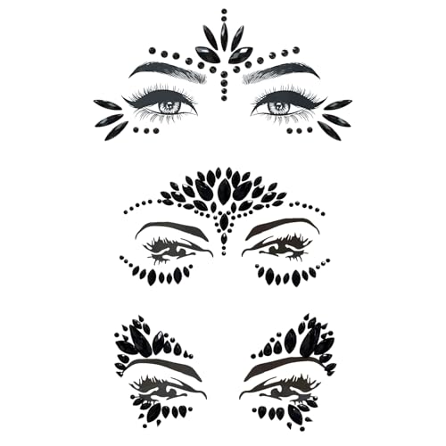 3Stücke Edelsteine Temporäre Tattoos Schwarz,Selbstklebende Strasssteine Gesichtstattoo Glitzer,Edelsteine Temporäre Tattoos für Karneval, Party,Halloween, Weihnachten, Geburtstag, Make-up