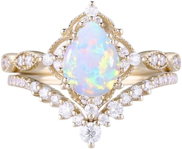 10k 14k 18k Rose Gold Opal Engagement Rings For Women 1.5 ct Pear Shaped Wedding Ring Set 2 pcs Art Deco Vintage Bridal Sets Wedding Rings For Her Ring Promise Anniversary